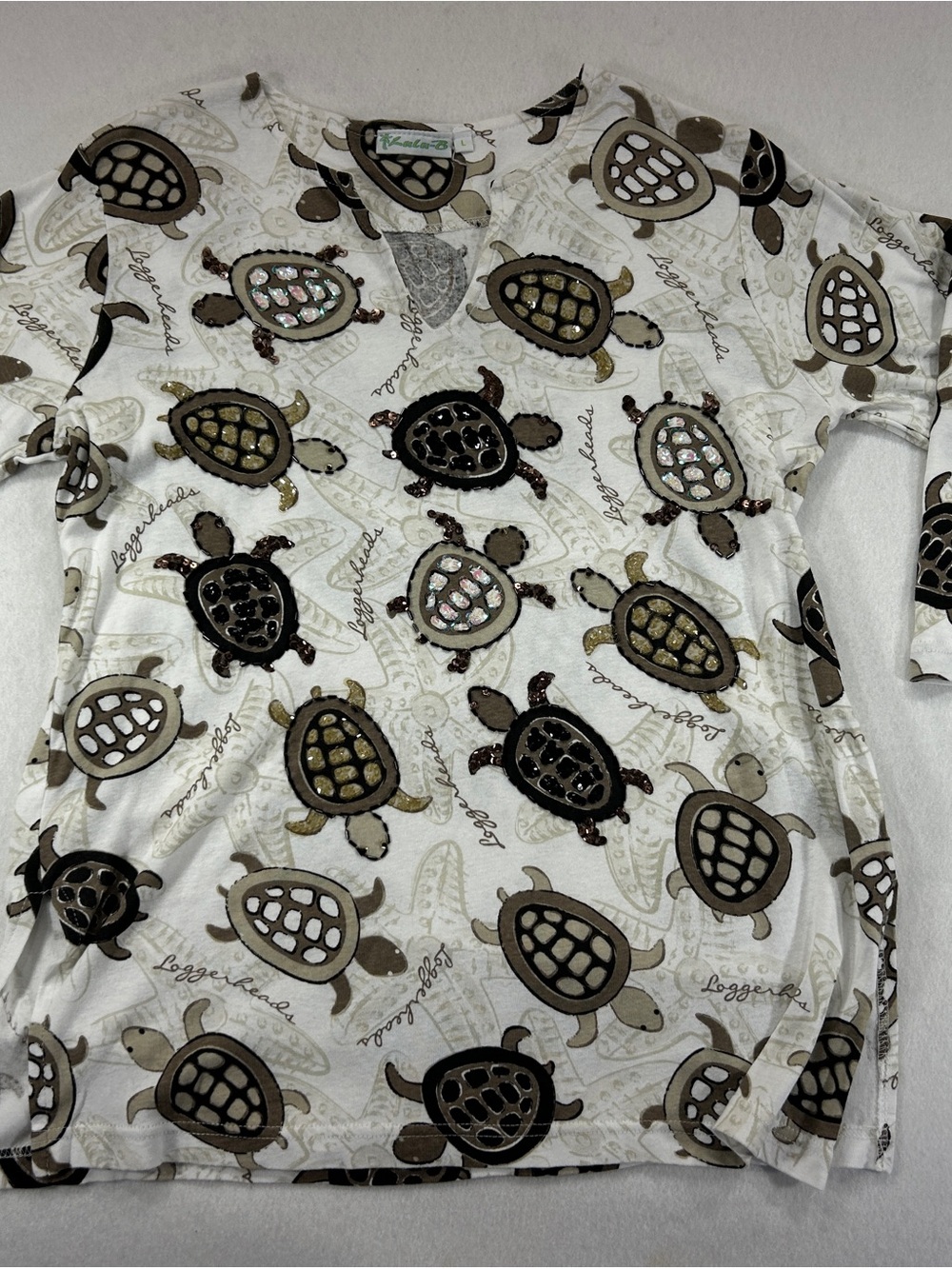 Lulu-B White and Brown Turtle Print Kids Top with Sequin Detail